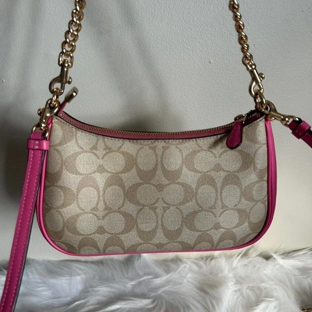 Coach Teri Khaki Electric Pink Signature Canvas Shoulder Bag Excellent‎